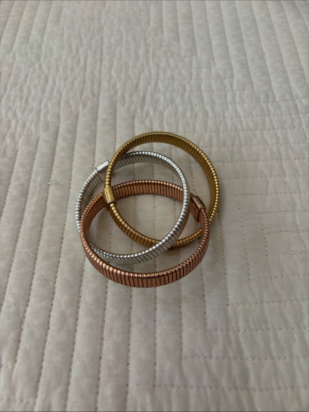 J. Crew Trio of Ribbed Metal Bangle Bracelets - Gold, Silver, Rose Gold